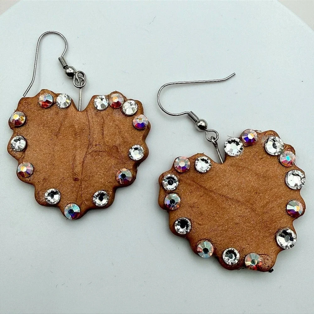 Vintage 90s Heart Dangle Earrings Leather Style Glass Rhinestone Women's Jewelry